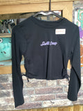Santa Cruz love script strips tie ls top